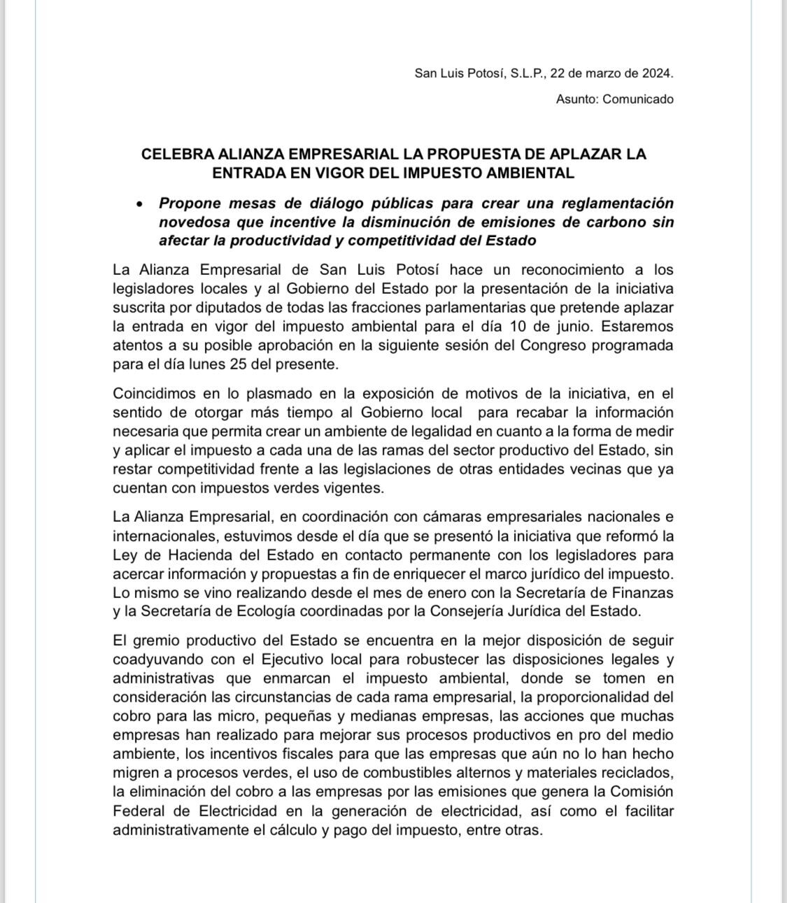 CELEBRA ALIANZA EMPRESARIAL LA PROPUESTA DE APLAZAR LA ENTRADA EN VIGOR DEL IMPUESTO AMBIENTAL